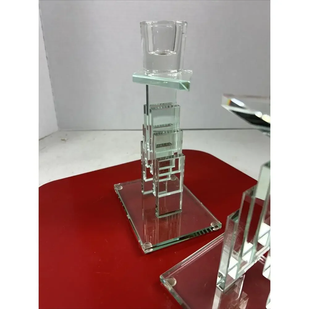 VTG Cut‎ Stacked Glass Candle Holders Art Modern Retro Crystal Heavywt Green 7.5